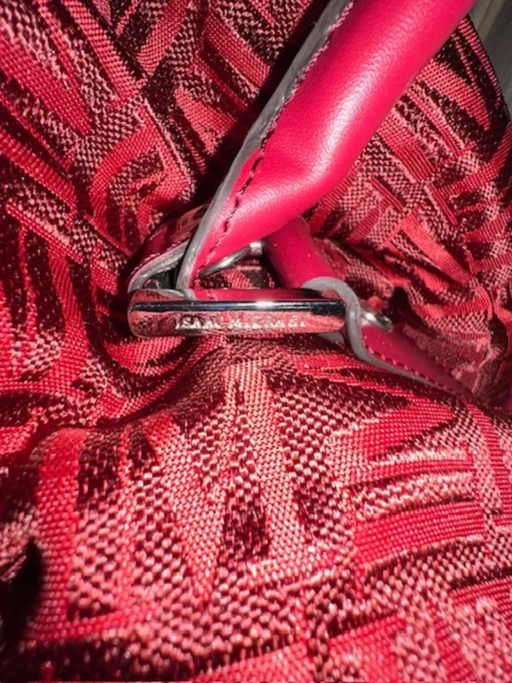 ISAAC MIZRAHI Red Tote duffle Bag Monogram Pattern Spacious w/Handles & Strap